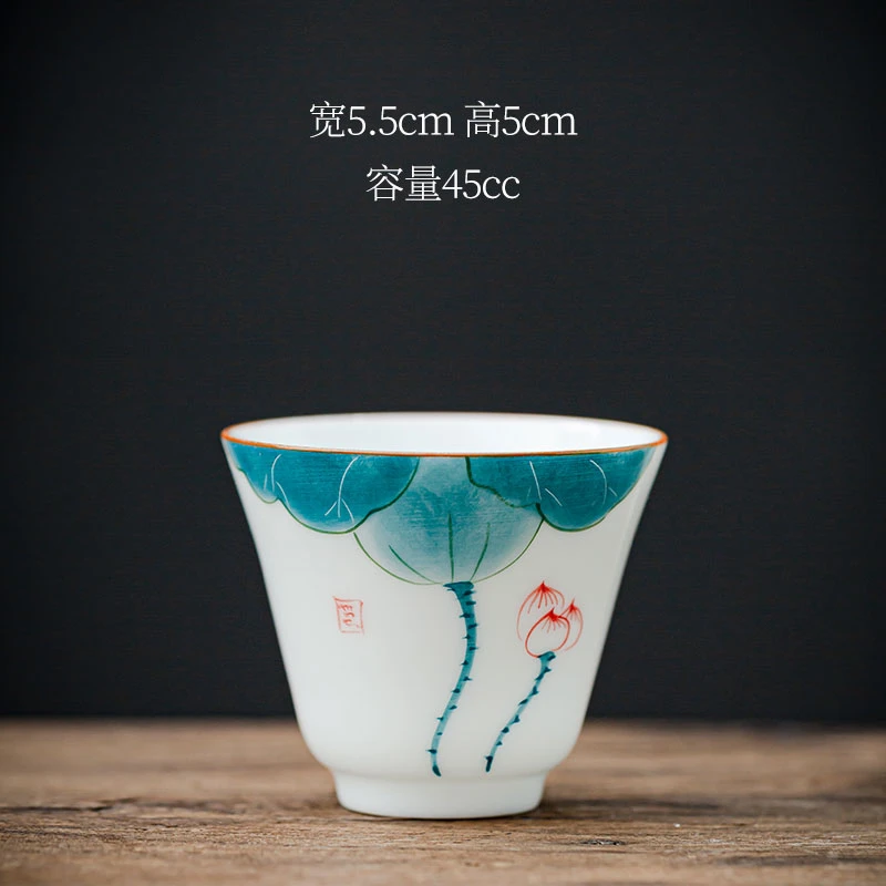意景茶具手绘荷花茶杯陶瓷功夫小茶杯单杯主人杯青花瓷品茗杯