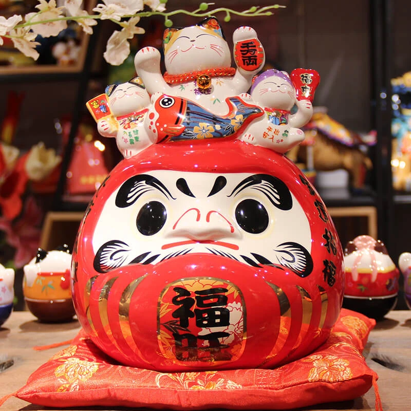 福缘猫达摩陶瓷招财猫摆件日本料理寿司店开业礼品日式店铺装饰品