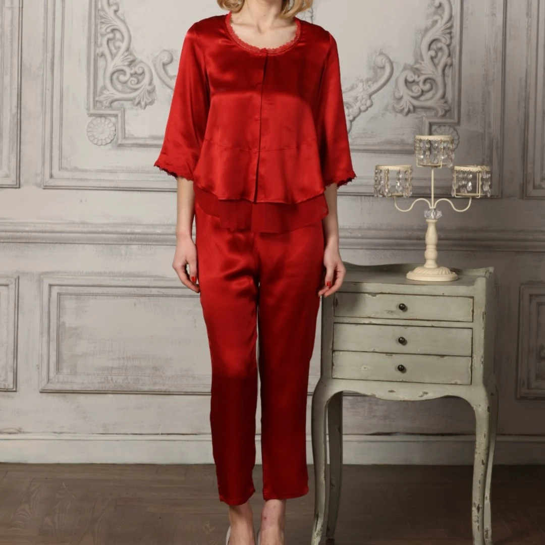 【100%桑蚕丝】女士长袖长裤休闲舒适家居服睡衣套装16012