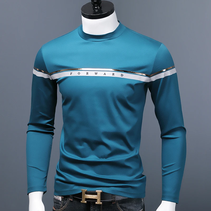 中领长袖t恤男士春秋潮牌时尚修身打底衫小高圆领双条纹丝光棉T恤