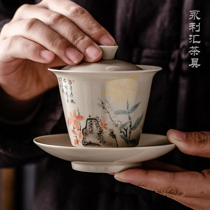 永利汇三才盖碗马蹄单个小泡茶杯茶碗功夫茶具景德镇陶瓷三炮台