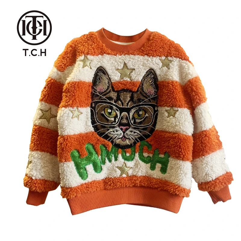 TCH-TECHNO CHILLOUT HOUSE眼镜猫咪烫钻套头毛毛卫衣T21311C6007
