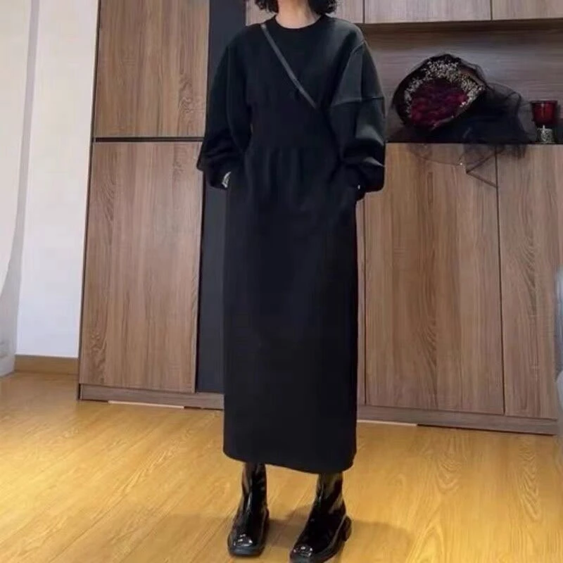 大码女装微胖穿搭法式春装新款收腰显瘦连衣长裙长袖圆领a字