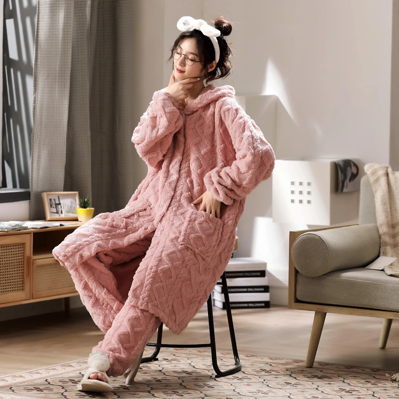 加厚提花长款珊瑚绒睡衣女士秋冬季睡袍浴袍套装连帽家居服保暖