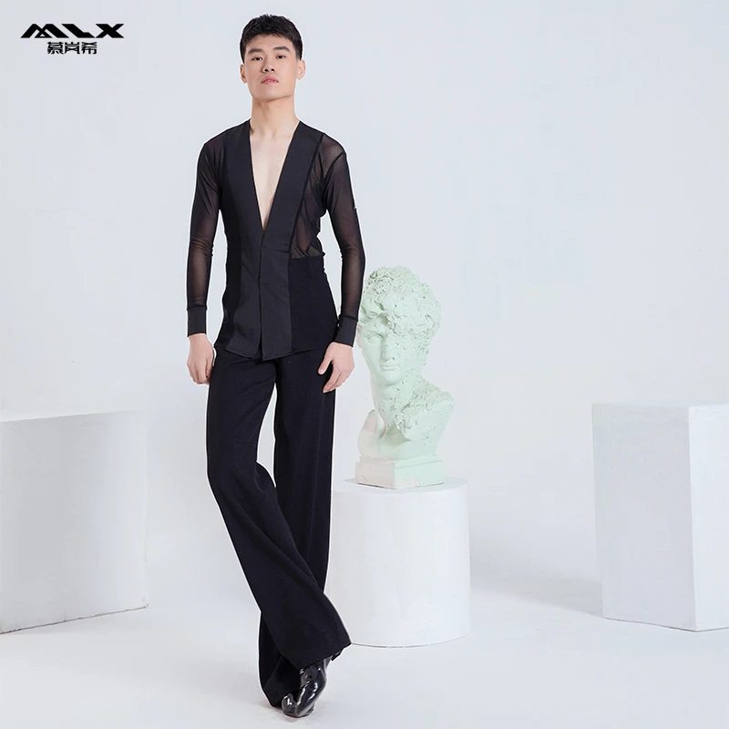 慕岚希舞蹈演出练功服装专业国标摩登拉丁舞新款男士长袖上衣7109