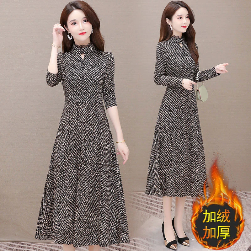 Y2192长袖连衣裙女中长款秋冬季加绒加厚修身显瘦过膝A子裙