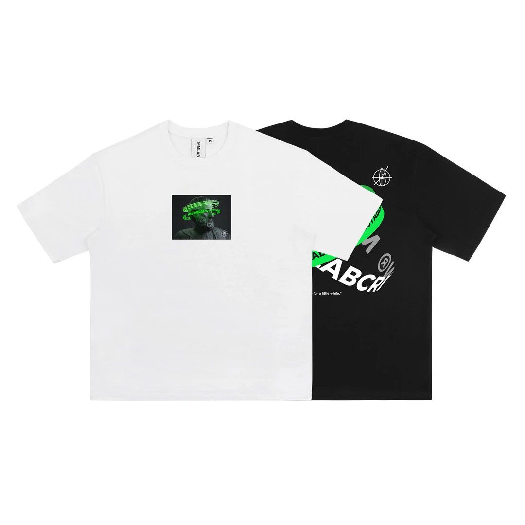 MMLABCREW夏季新款universe印花白色黑色宽松落肩圆领短袖T恤