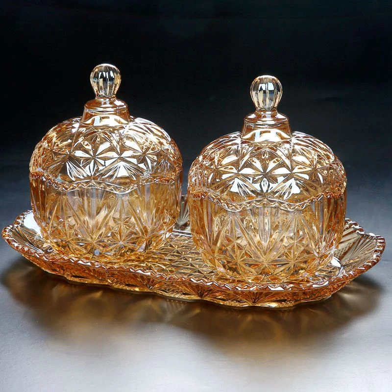 欧式无铅玻璃带盖糖果罐套装家用客厅茶几零食糖盒金色干果罐大号