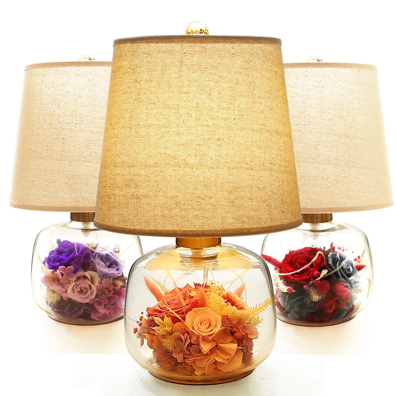玫瑰永生花玻璃台灯 情人节生日结婚礼物田园风格卧室床头台灯