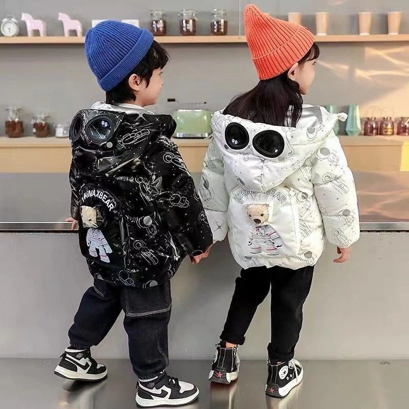棉服冬装男女童亮皮中大童加绒加厚卡通免洗外穿