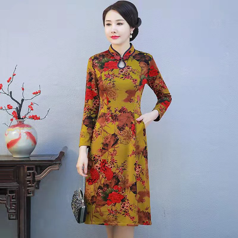 春季新款  气质妈妈中高端改良旗袍裙连衣裙秋冬时尚  XL-5XL