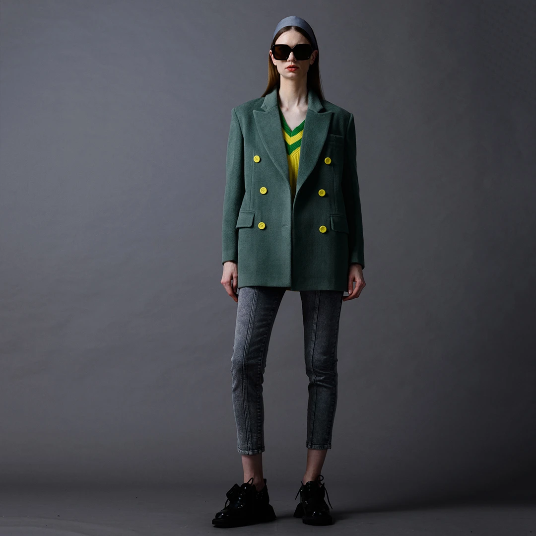 MOSTARRY灰绿廓型西服西装西装时尚短款女士毛呢双排扣秋冬绿色