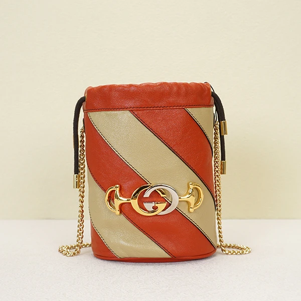 95新 GUCCI/古驰 米黄拼橙色Zumi抽绳水桶包