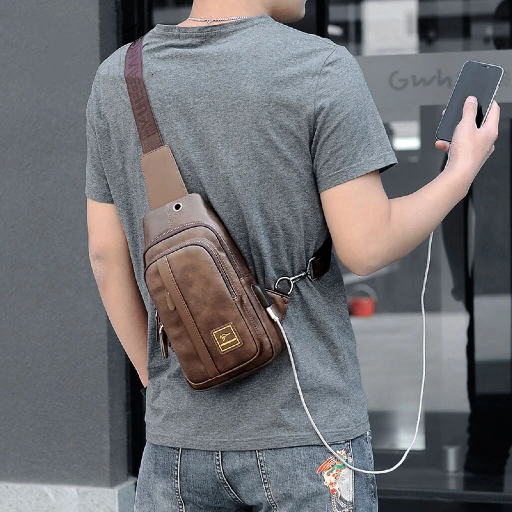 麦克袋鼠时尚复古胸包男商务休闲胸前背包斜挎包软皮单肩男士包
