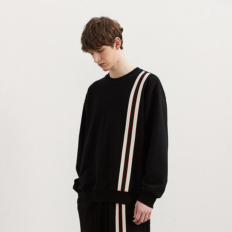 CLIMAX VISION竖条纹织带拼接撞色圆领套头卫衣休闲宽松外套潮牌