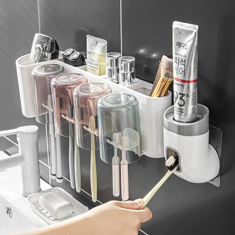 牙刷置物架挂墙式免打孔挂电动牙刷两人漱口杯挤牙膏器牙刷座套装