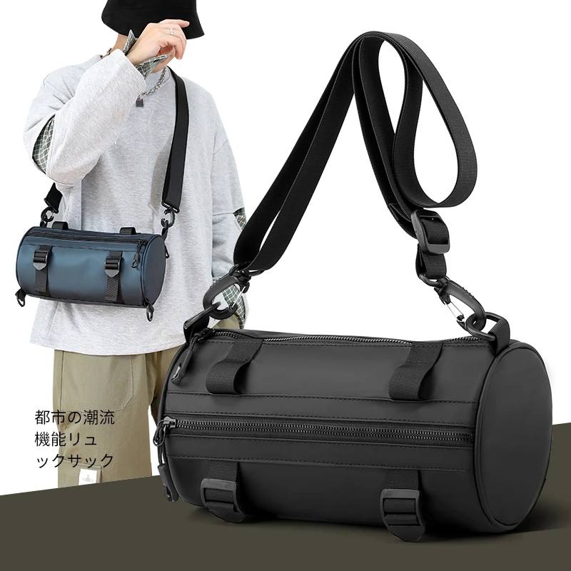 新款男士圆筒包单肩斜挎包男包个性时尚潮流水桶包女多功能健身包