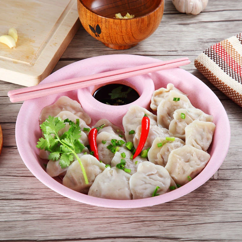 创意扇形带醋碟塑料饺子盘小麦秸秆双层沥水盘环保家用圆形水饺盘