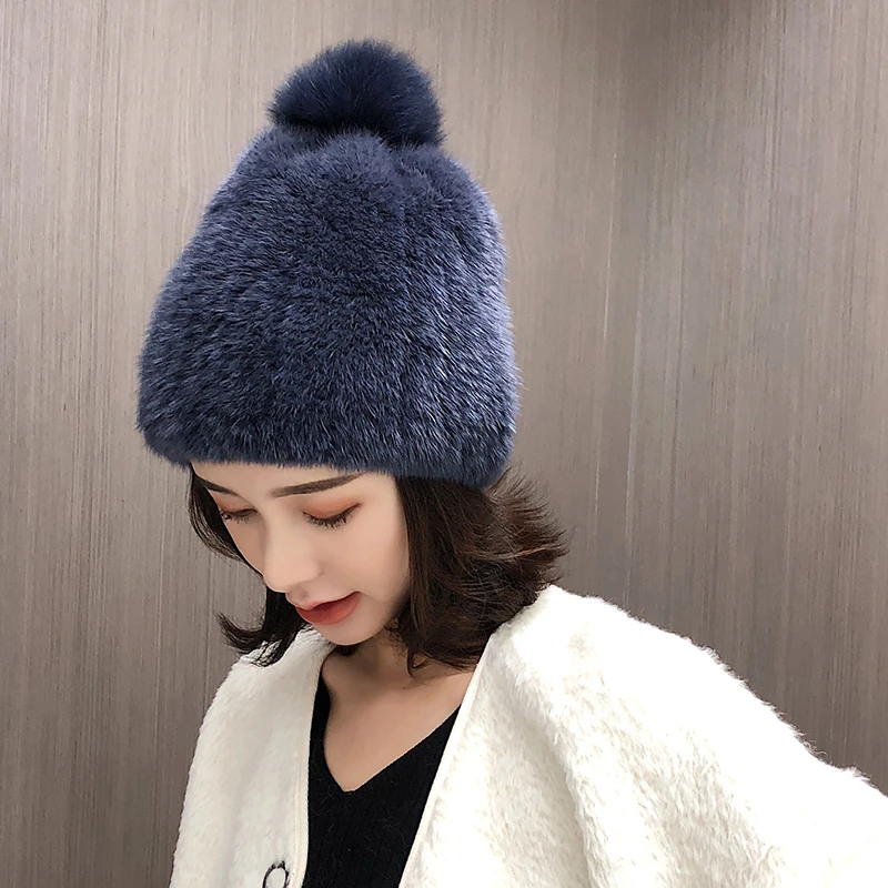 高品质水貂毛加密编织双面皮草帽子女 狐狸毛球球弹力可爱