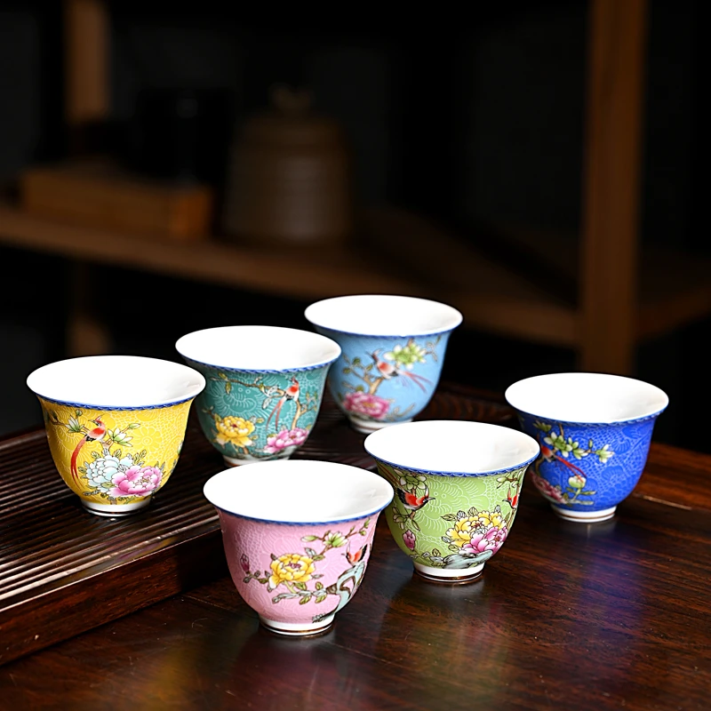 六晋 鸟语花香六色杯 扒花工艺个人杯品茗杯珐琅彩主人杯功夫茶杯