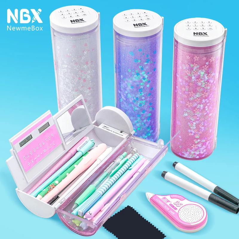 NBX多功能笔盒课程表可擦笔计算器创意学霸电子密码锁流沙文具盒