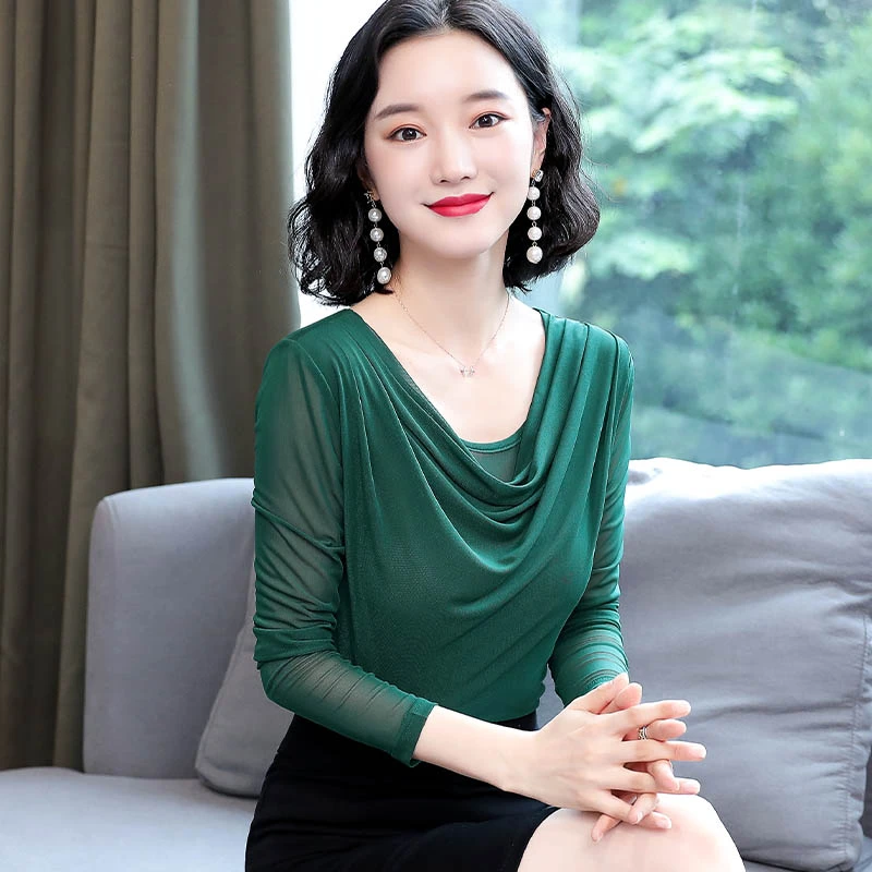 【彤外婆推荐】网纱打底衫女长袖2025新款气质上衣显瘦洋气小衫