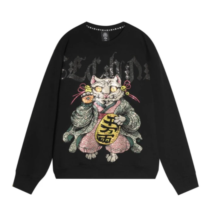 TCH-TECHNO CHILLOUT HOUSE潮招米猫烫钻黑色圆领卫衣T21311C6021