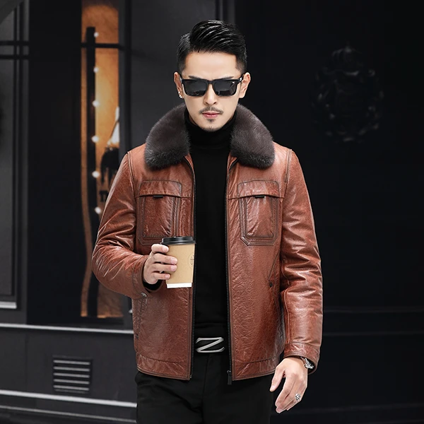 2113今年潮流新款男装油蜡牛皮夹克羽绒