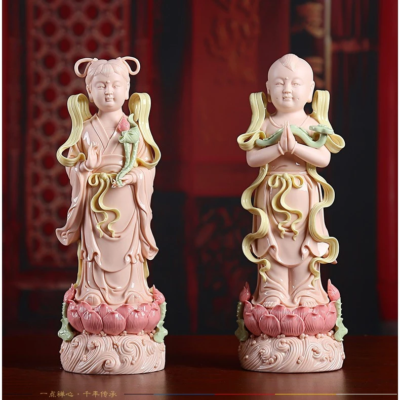 泥灵财神玄关观世音善才童子龙女金童玉女陶瓷家用居家摆件弥勒佛
