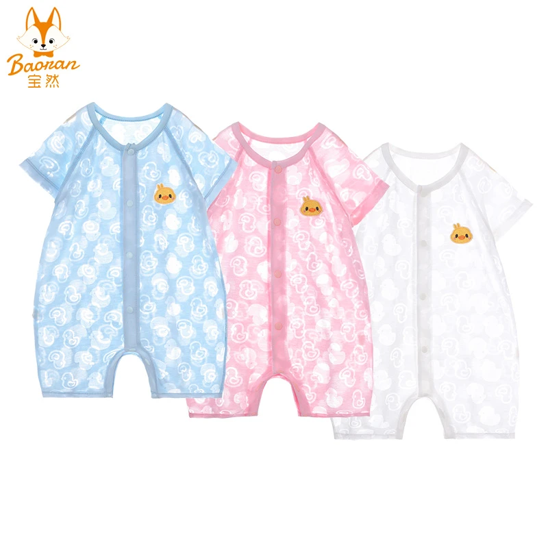 宝然婴儿衣服夏季薄款烧花短袖空调服男女宝宝睡衣哈衣爬爬服3176
