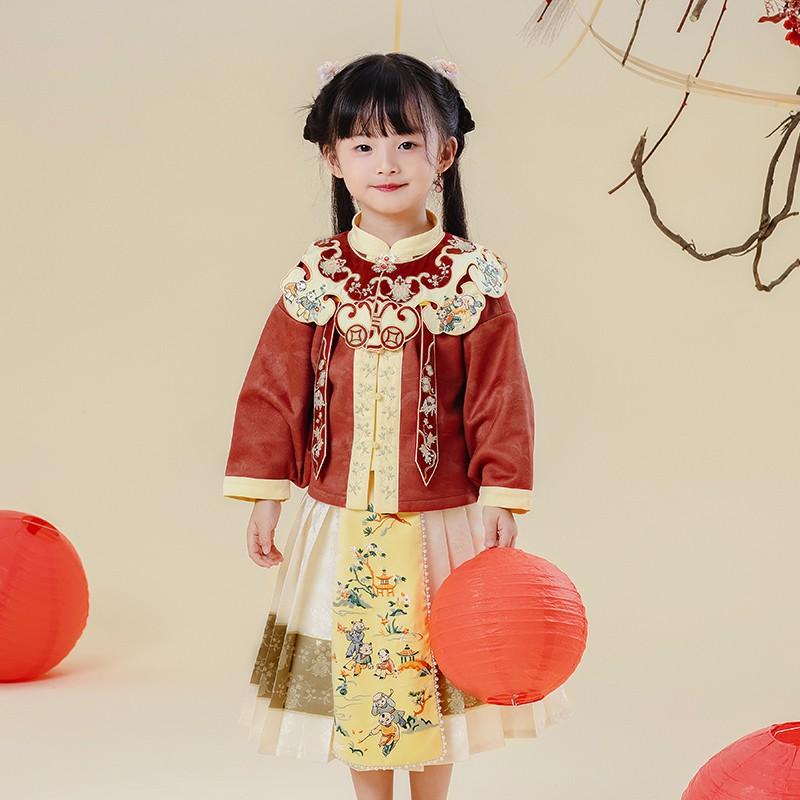 西子问汉服女童【少春云肩】玉楼春联名款周岁拜年服百子图加绒