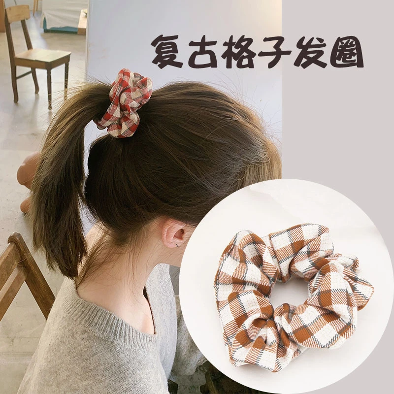 格子大肠发圈甜美皮筋网红发饰韩国皮套法式复古简约头绳布艺发绳