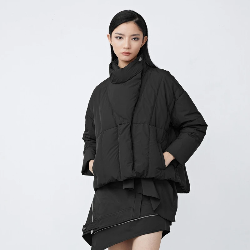 S·DEER休闲高领斜襟不规则短款黑色羽绒服保暖立领户外聚酯纤维