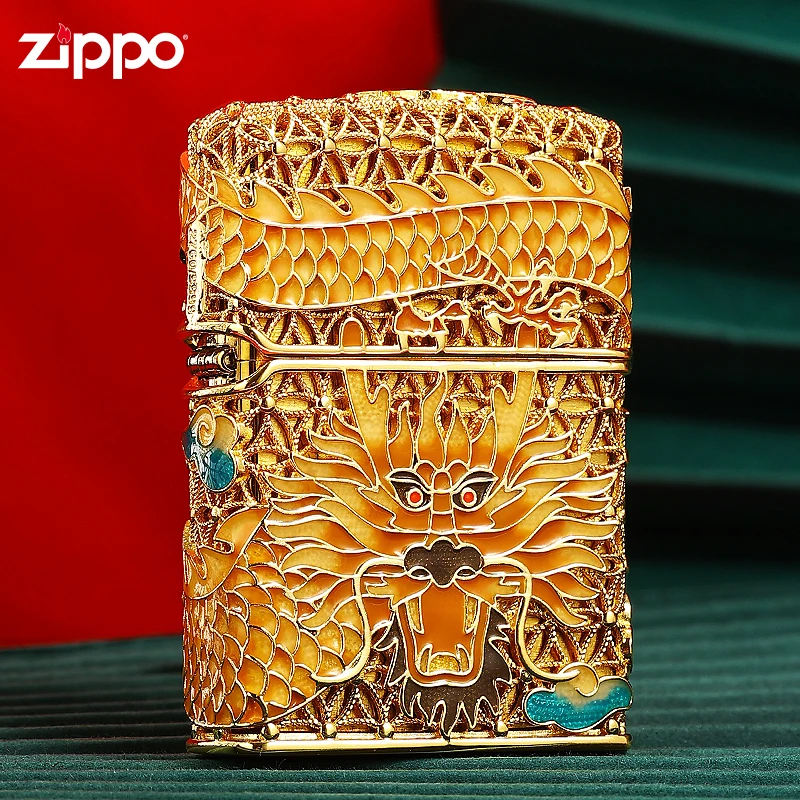 ZIPPO正品打火机DIY镀金、银珐琅夜光神龙男士镂空瑞兽送礼收藏