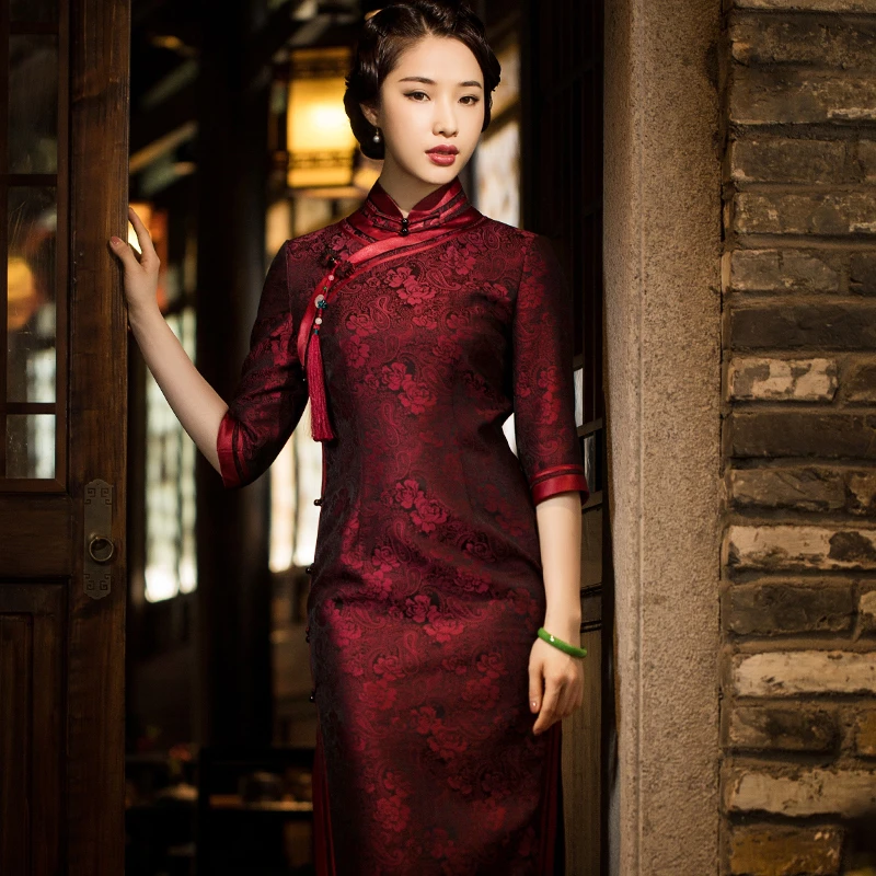 玺玥春夏桑蚕丝喜婆婆婚宴红色气质高端长袖礼服旗袍连衣裙E19316