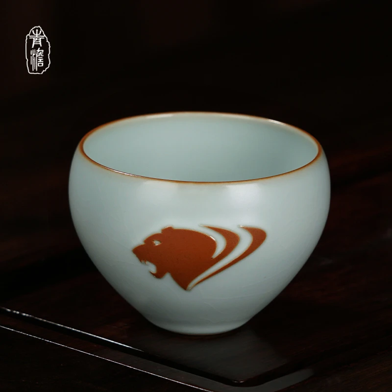 青澹虎宾杯160ml 景德镇陶瓷茶杯冰裂纹手工主人杯开片可养礼盒装