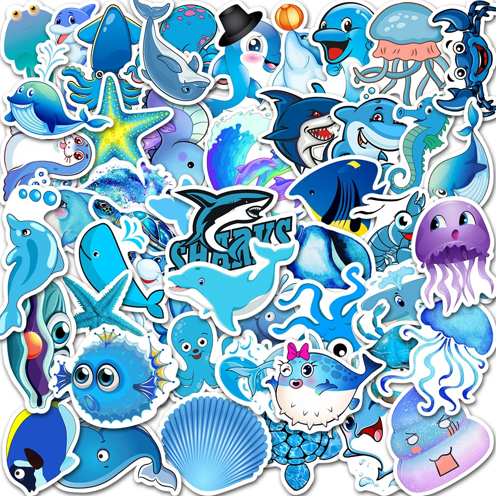 49张卡通蓝色海洋生物手账贴画行李箱笔记本电脑平板冰箱防水贴