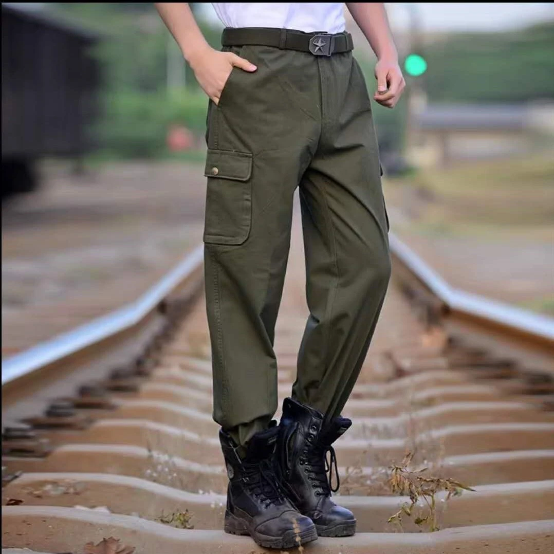 春秋款户外工装裤男女通穿休闲百搭裤子工作薄款宽松军绿色多口袋