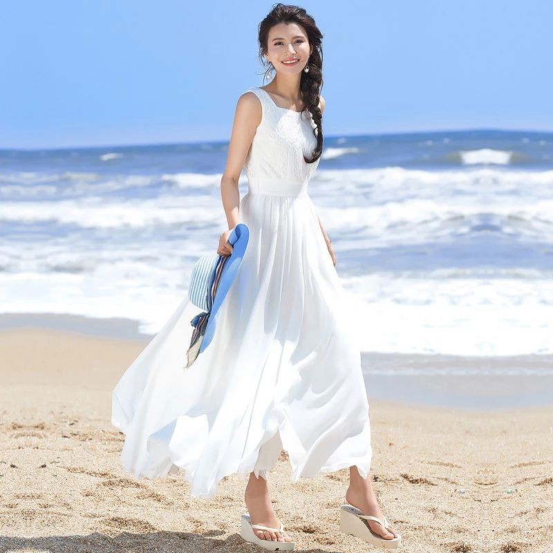 2025夏季白色雪纺连衣裙女无袖蕾丝气质长裙修身大摆裙显瘦度假裙