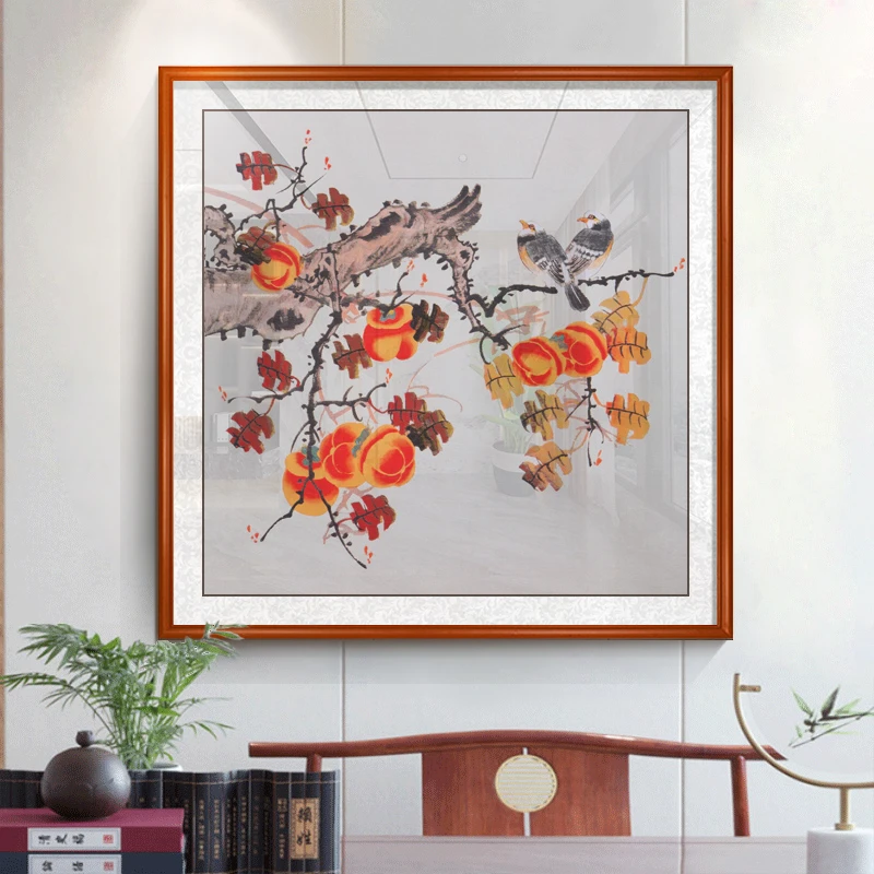 新中式餐厅装饰画柿柿如意饭厅壁画玄关走廊过道柿子挂画事事如意