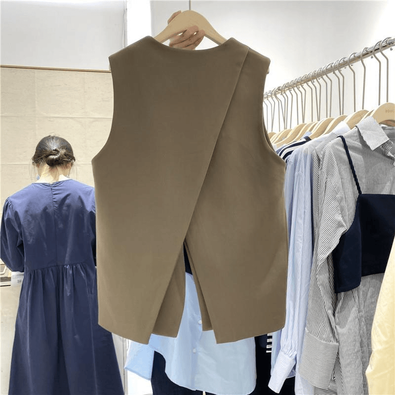 2023秋季韩版时尚V领西装马甲外套不规则后开叉无袖坎肩马夹女ins