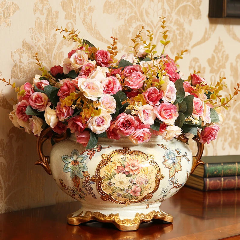 陶瓷花瓶玫瑰仿真花艺餐桌花艺欧式风格装饰品摆件美式客厅工艺品