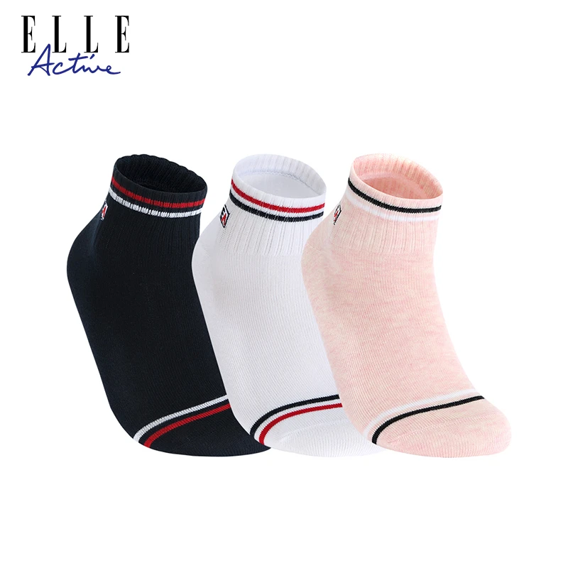 ELLE Active透气舒适三双装条纹休闲百搭中筒运动袜子跑步短袜棉