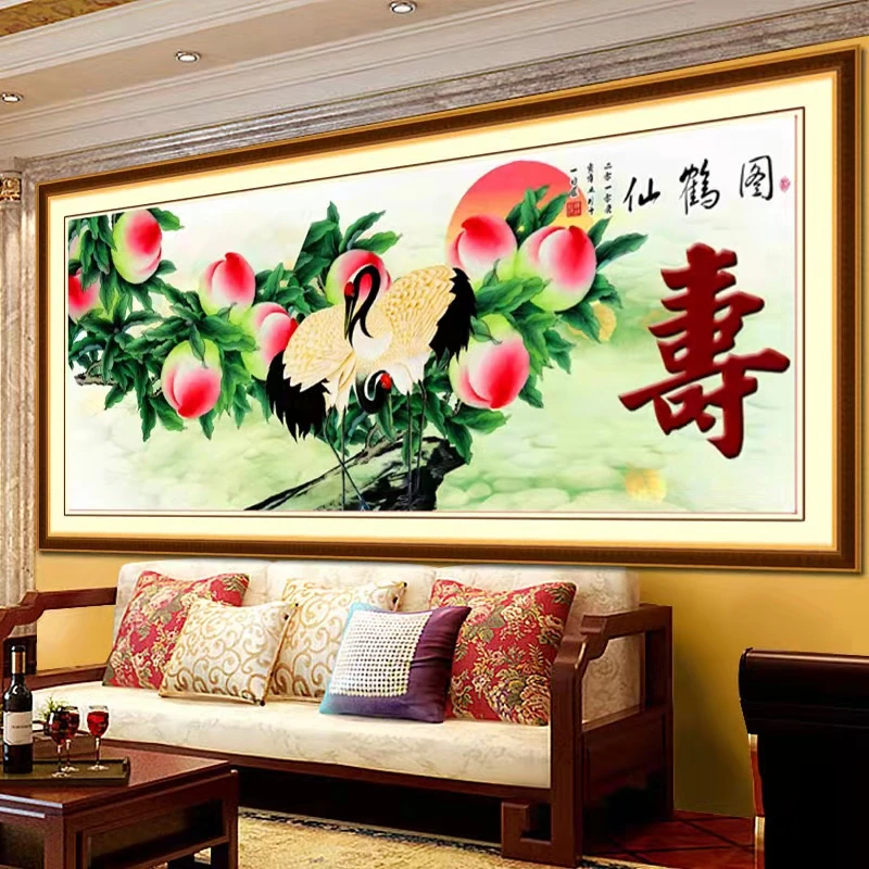 仙鹤祝寿桃图新款十字绣自己四股线绣客厅老人房间画老人生日礼物