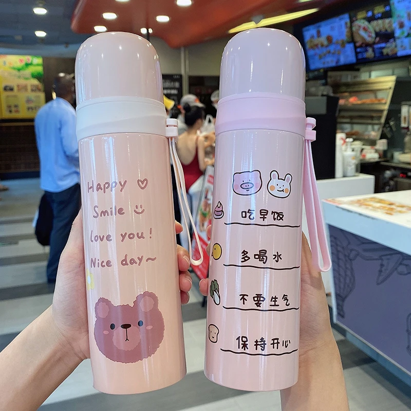 韩版保温杯女大容量带盖 水杯便携简约清新可爱潮流森系ins风杯子