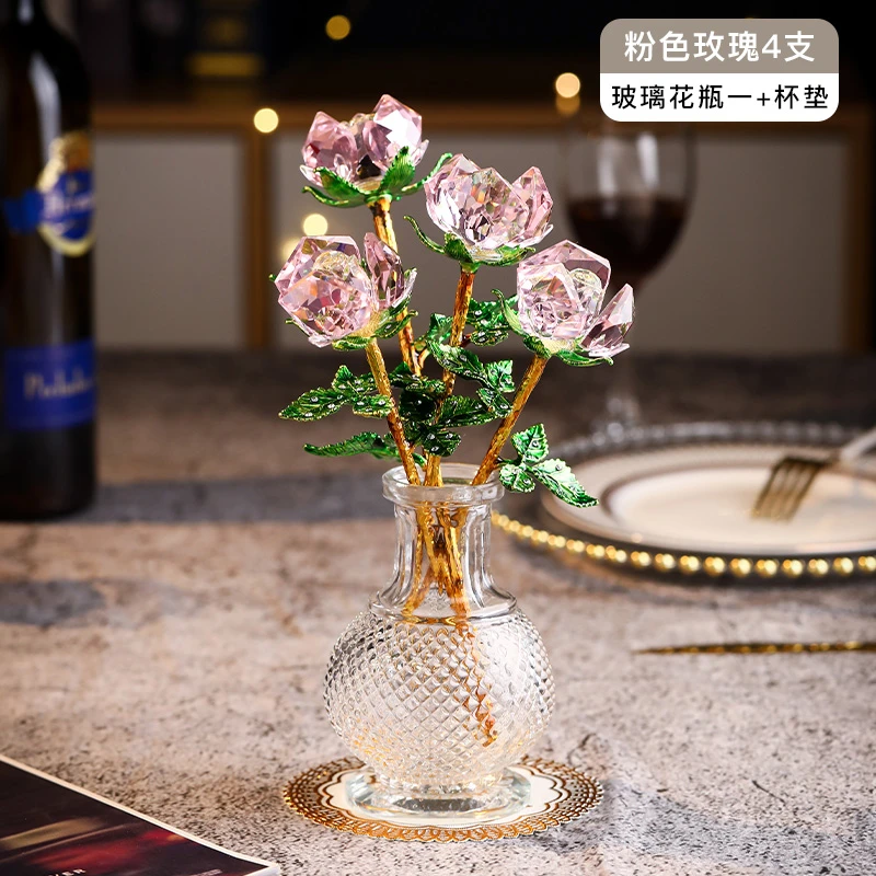 BJ4156粉色水晶玫瑰玻璃花瓶高档纯手工摆件简约珐琅彩个性