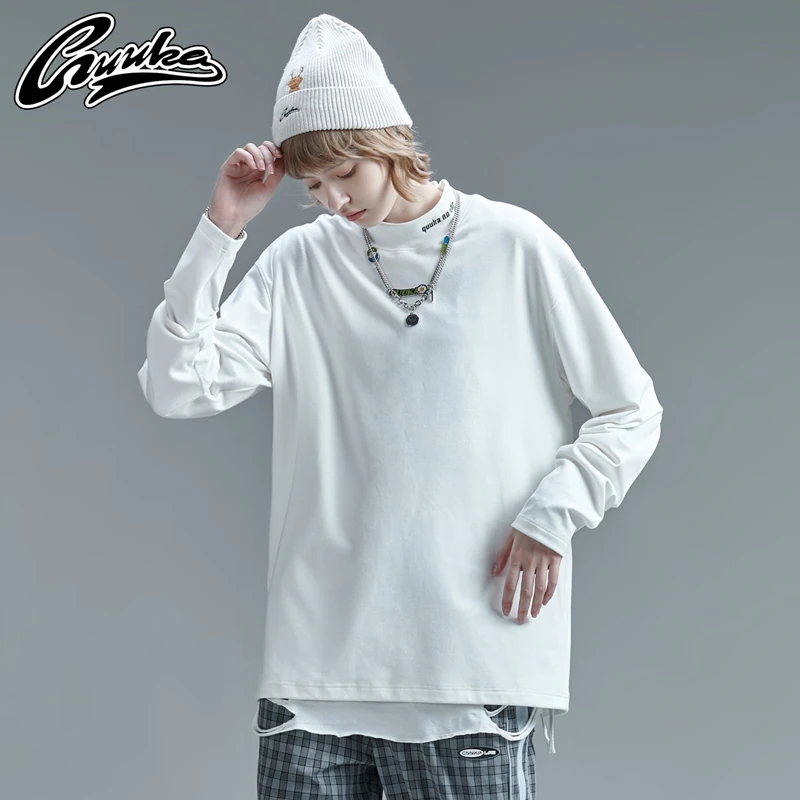 Guuka/古由卡白色休闲百搭宽松简约长袖潮流春季纯色男士打底衫