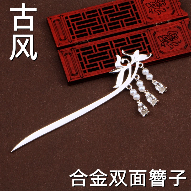 铁合金仿珍珠发饰 双面玫瑰古风簪子汉元素发簪古装配饰汉服头饰