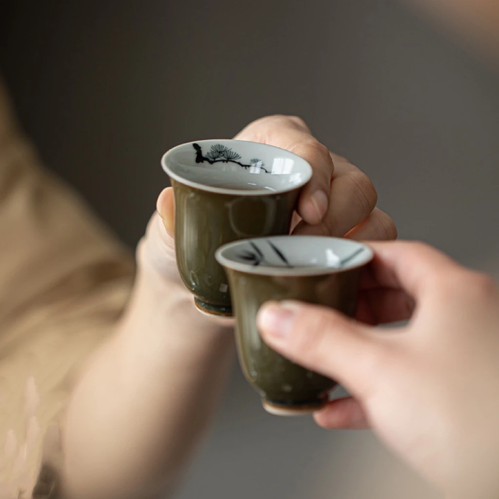茶叶末手绘茶杯复古窑变品茗杯家用单人杯主人杯闻香杯釉下彩茶具