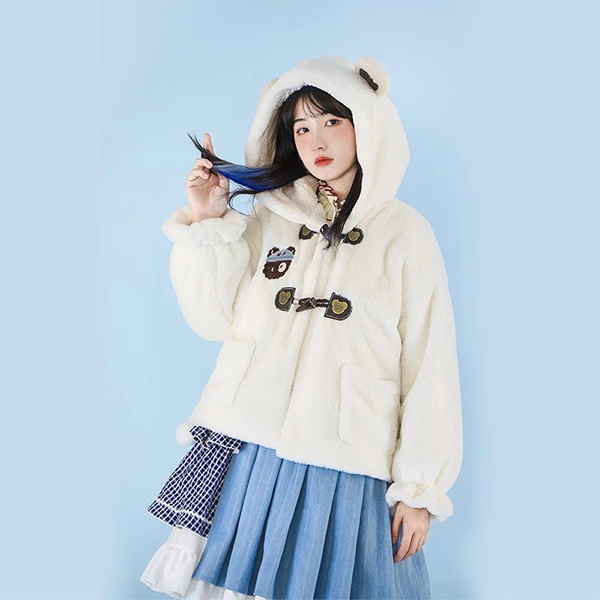 【小熊鲜奶茶】常规纯色秋冬短款连帽保暖外套Lolita毛绒保暖加绒